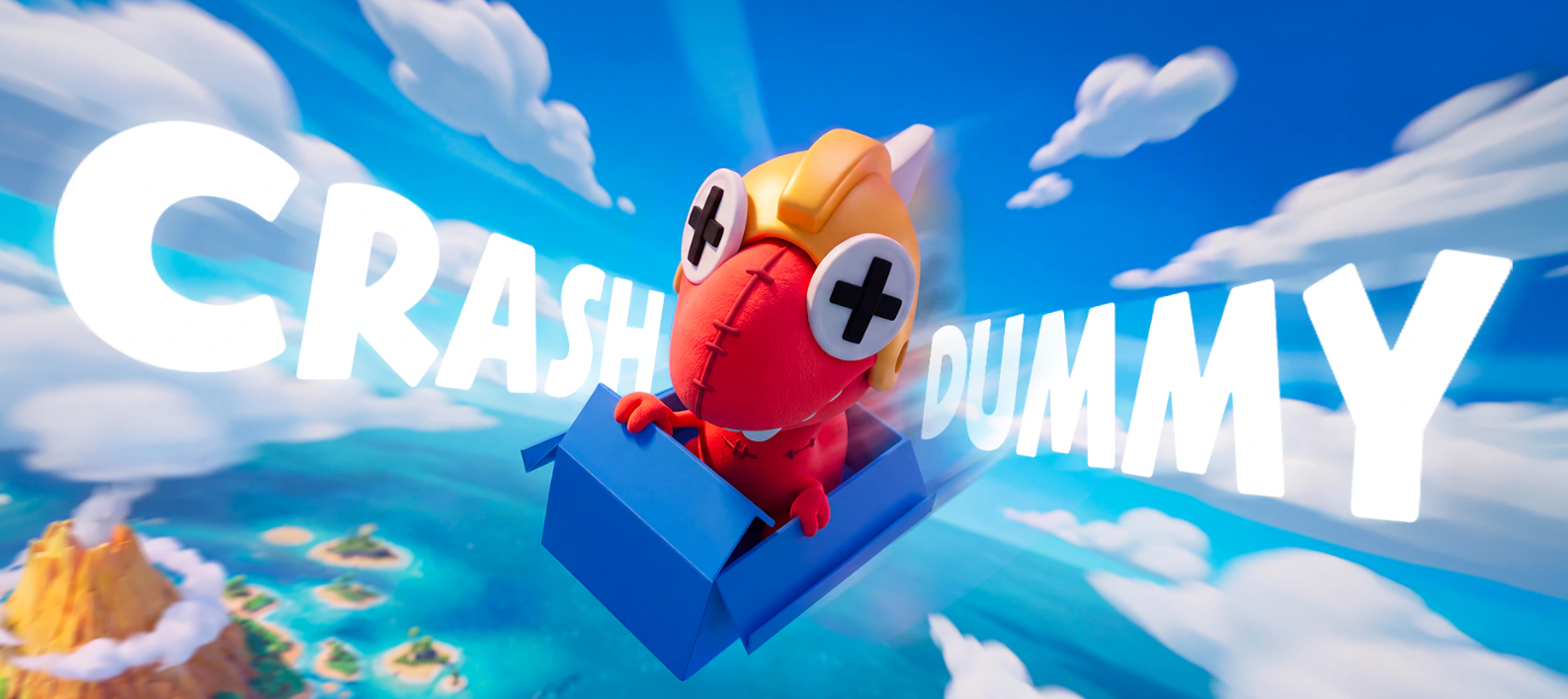 Crash Dummy flying through the sky in a blue box